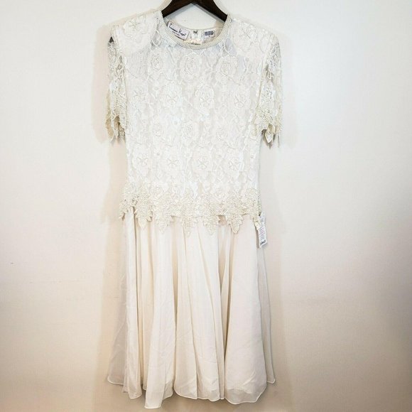 Laurence Kazaar Dresses & Skirts - Laurence Kazar Womens White Wedding Dress Size L Lacey Beaded Mature Formal